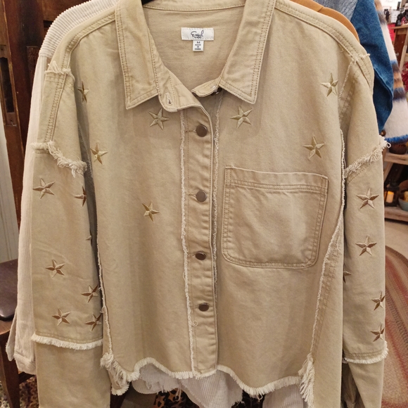 easel Jackets & Blazers - Easel Beige Star Embroidered Utility Jacket